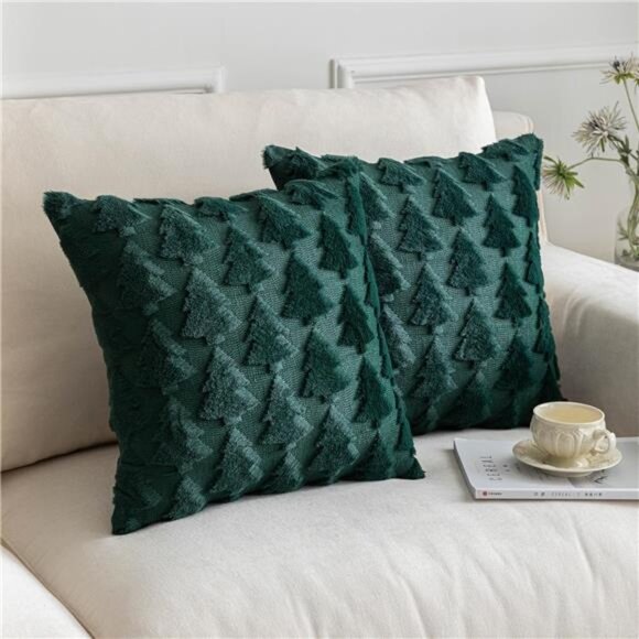 Set of 2 Christmas Tree Pillow Covers, Soft Boho Decor for Couch & Bedroom,Green - Picture 1 of 7